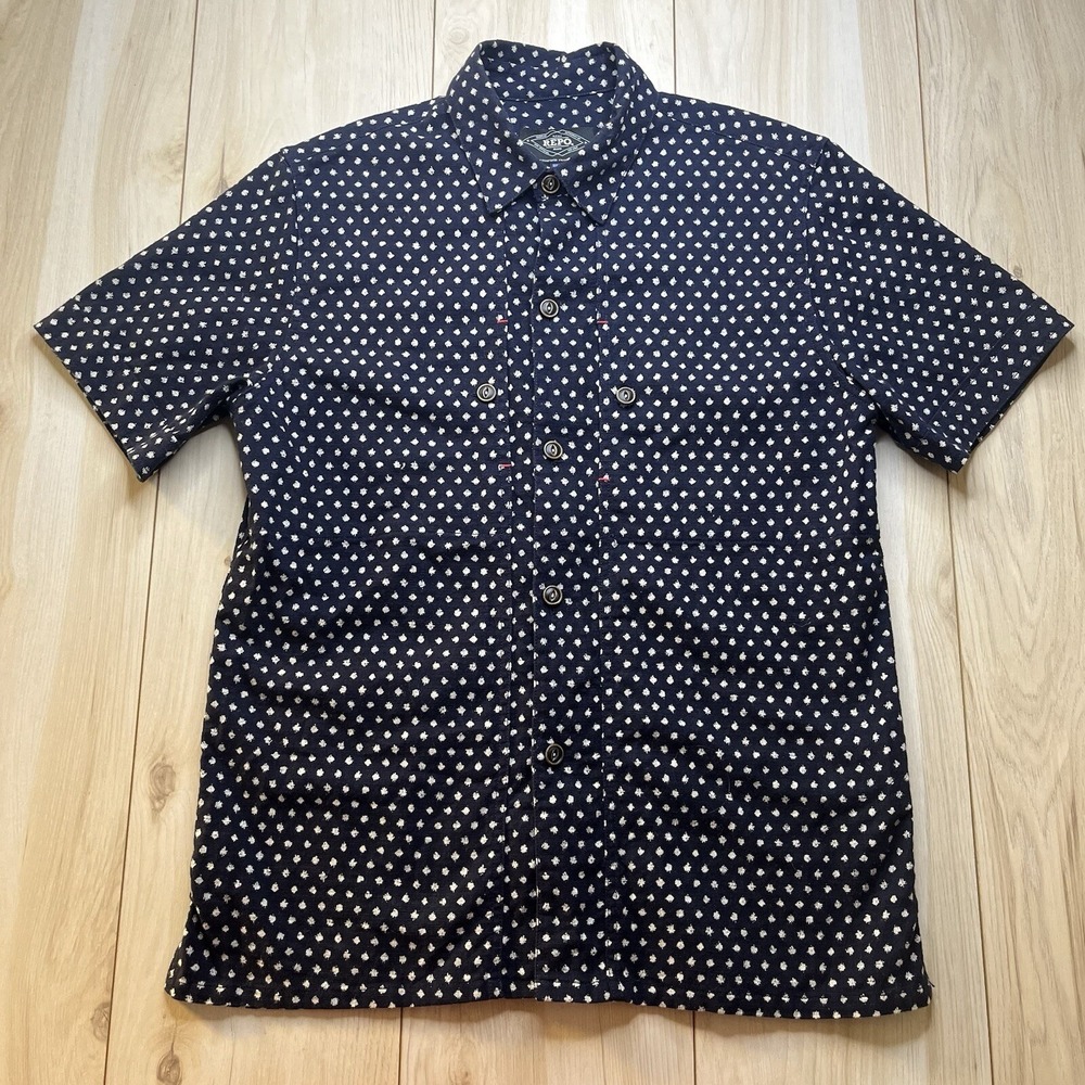 REPO Bowling Shirt Made In NY USA Pocket Navy Blue Polka Dot Mens Large Slim Fit